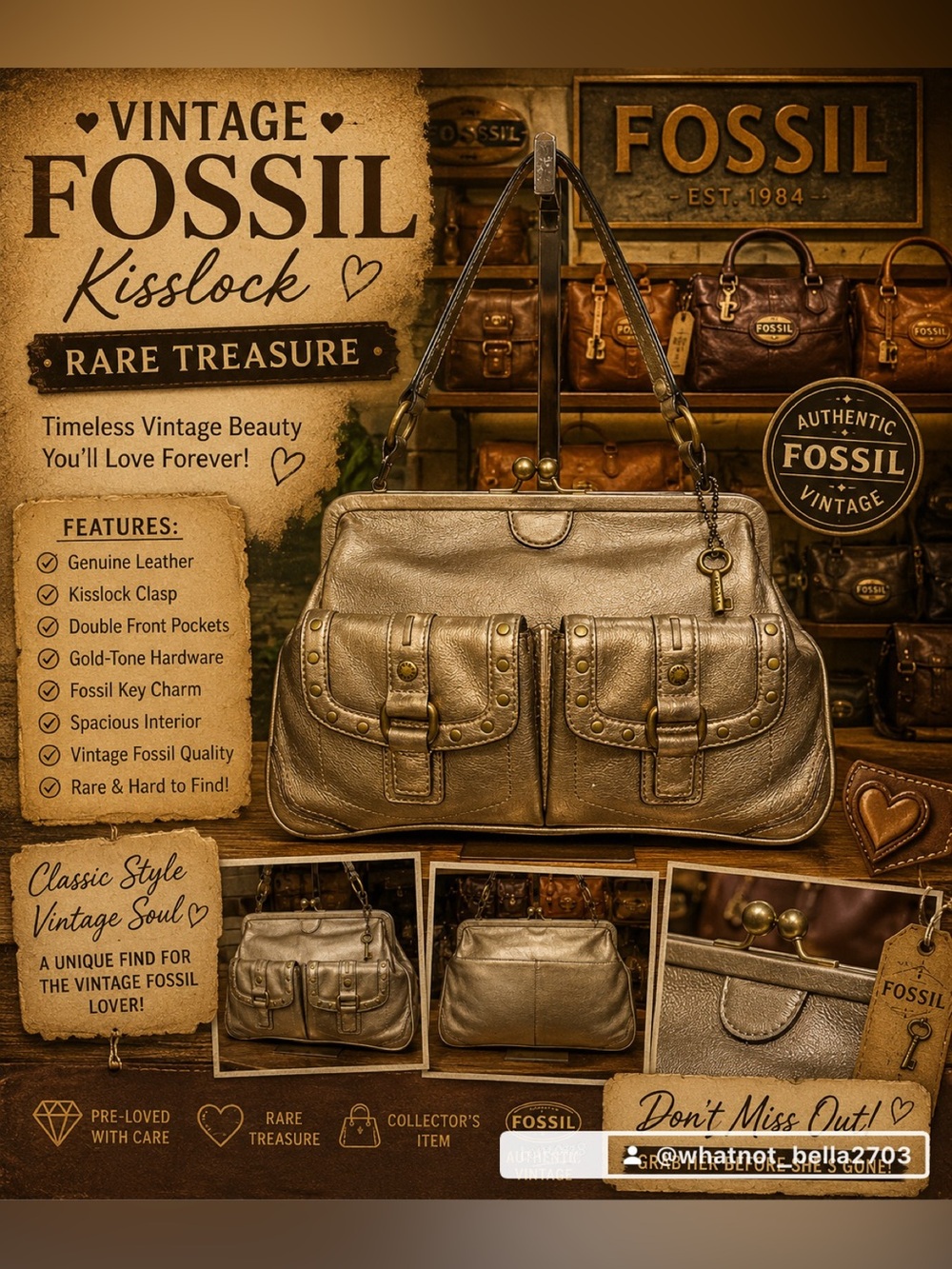 Fossil Vintage Rare in Metallic Gold Leather Shoulder Bag with Kisslock Clasp